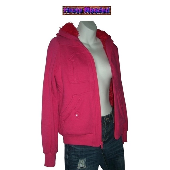 Marc By Marc Jacobs Bright Pink Hoodie W/ Red Faux Fur Lining Warm Sweatshirt S - Picture 4 of 13